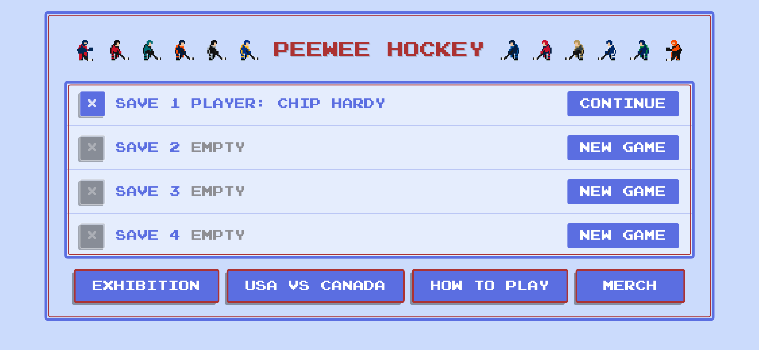 Title screen with save slots and Exhibition, USA vs Canada, How to Play, and Merch menus