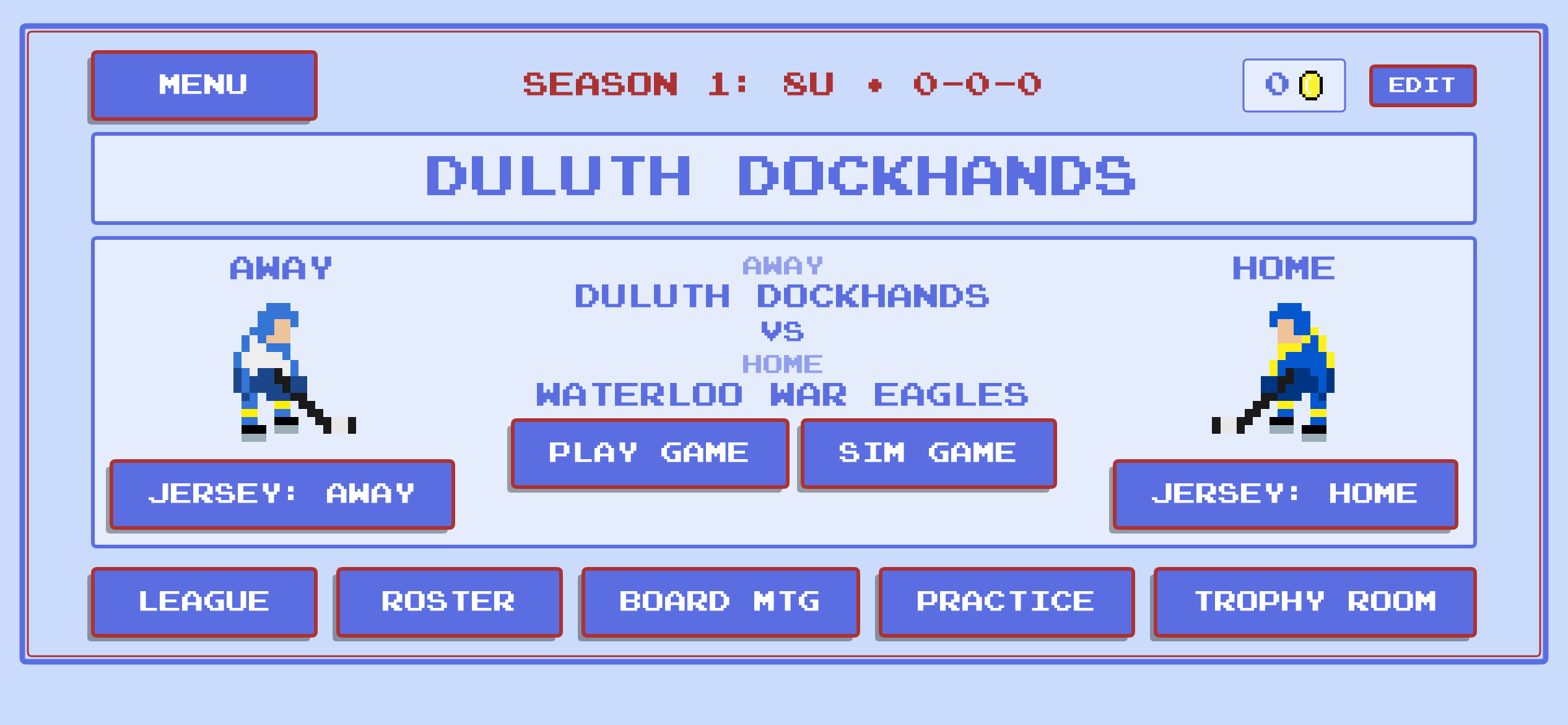 Team hub for the Duluth Dockhands with league, roster, practice, and trophy room menus