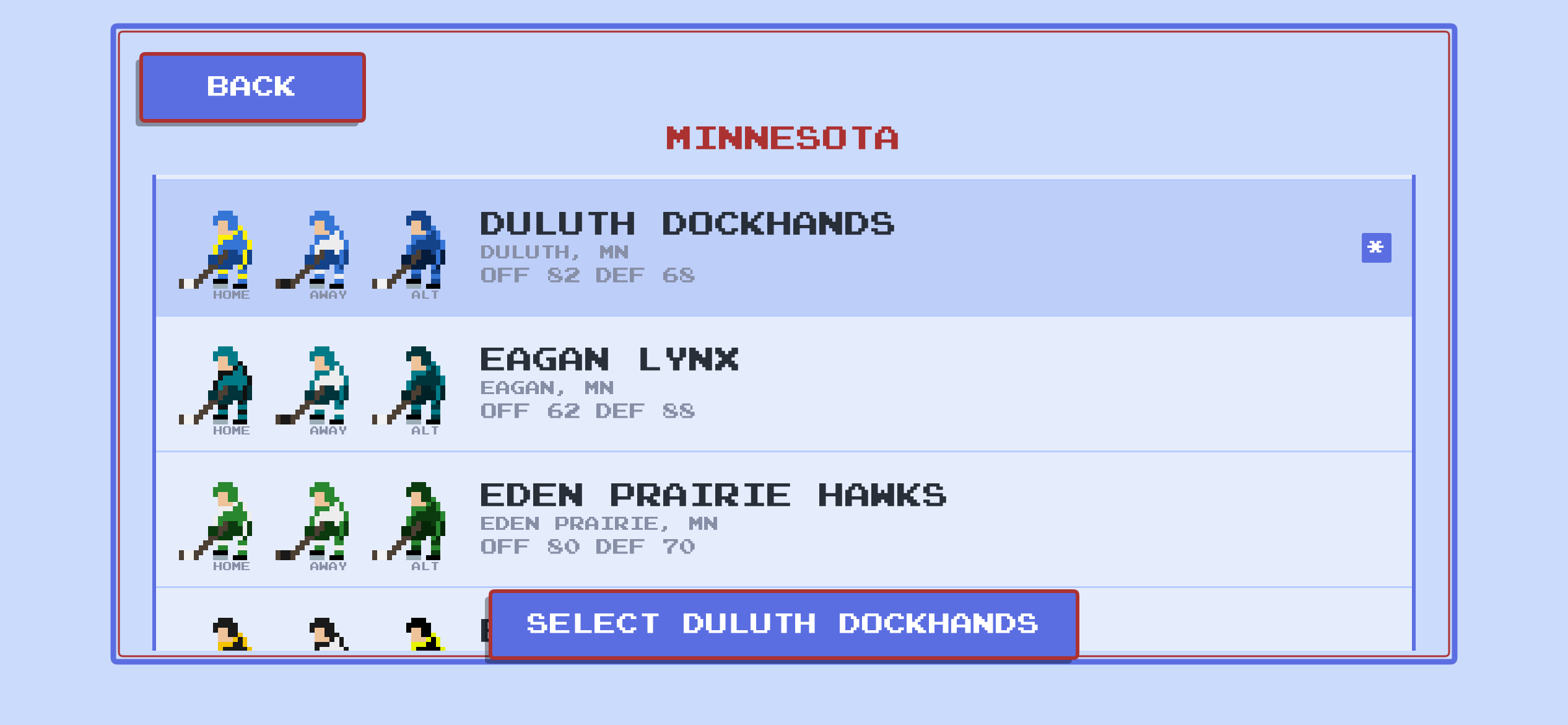 Minnesota team select showing home, away, and alt jerseys for each team