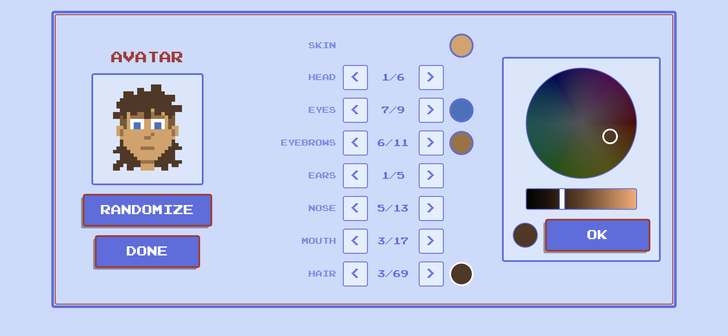 Avatar editor with skin, hair, eyes, and color wheel options